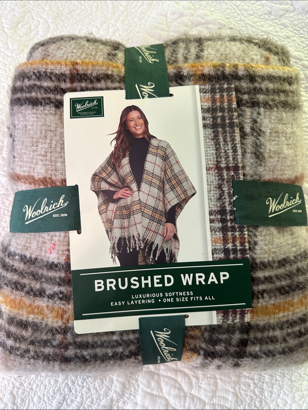 Woolrich Plaid Brushed Wrap in Brown, Cream & Gold Accent